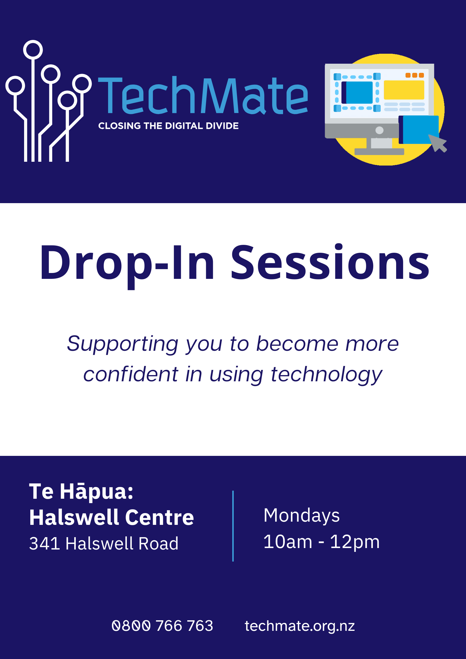 TechMate Drop in sessions poster with a graphic of a computer on a blue and white background - Every Monday starting 4 May, 10am to 12pm, Te Hāpua Halswell Centre. Bring your device and get help from an expert.