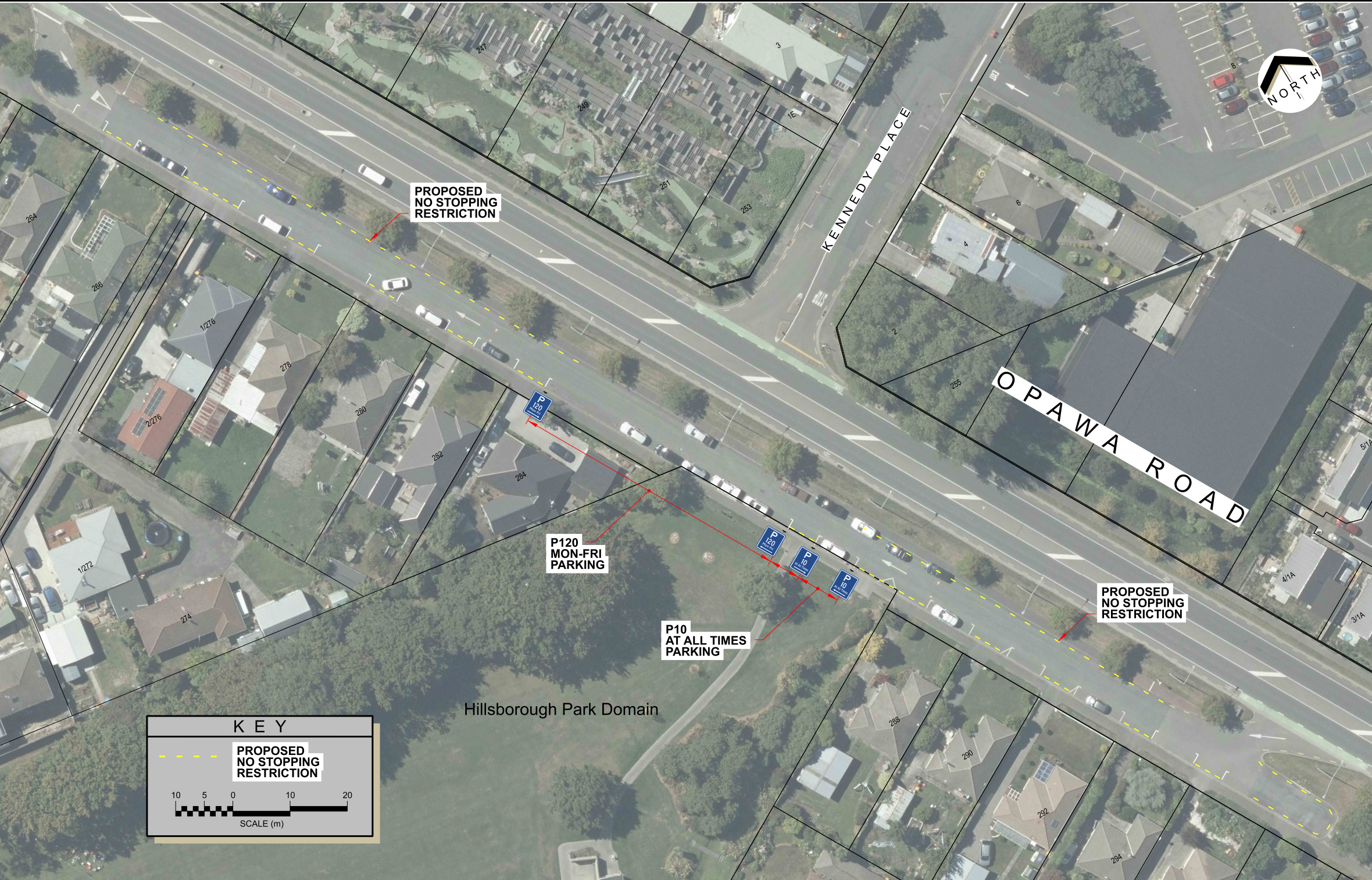 Design of parking restrictions on Opawa Road slip lane. Shows no parking restrictions on the motorway side of the raod, no parking restrictions over driveways and some parkig permited inline with the entry to Hillsborough Park Domain. 