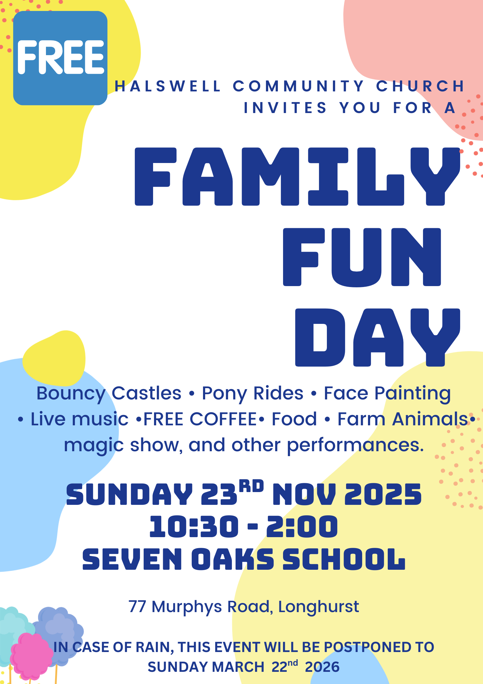 Family Fun Day Poster, Sunday 23 November, 10.30am to 2pm, Seven Oaks School