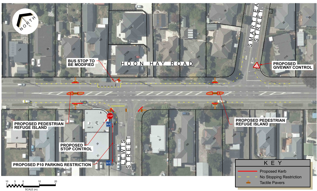 Plans for option 3 of Hoon Hay Road pedestrian safety improvements. The design is shown on an aerial image and shows two pedestrian crossing islands, one on either side of Lewis Street.