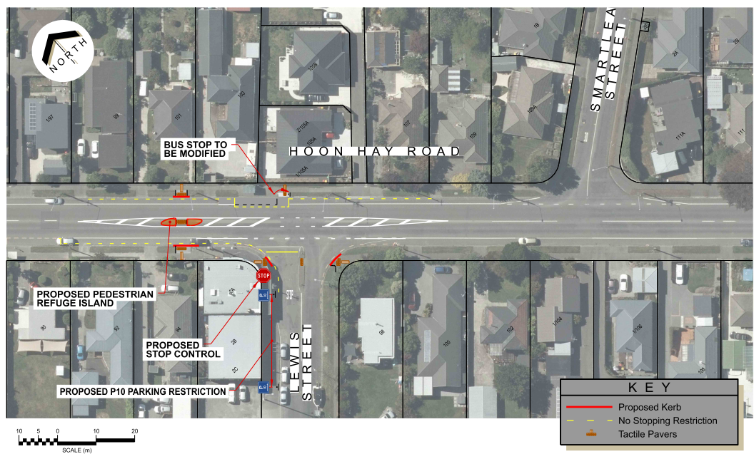 Plans for option 1 of Hoon Hay Road pedestrian crossing improvements. Plans are shown on an aerial image. One pedestrian crossing is shown outside property 101 Hoon Hay road there is an island in the middle for pedestrians to wait.