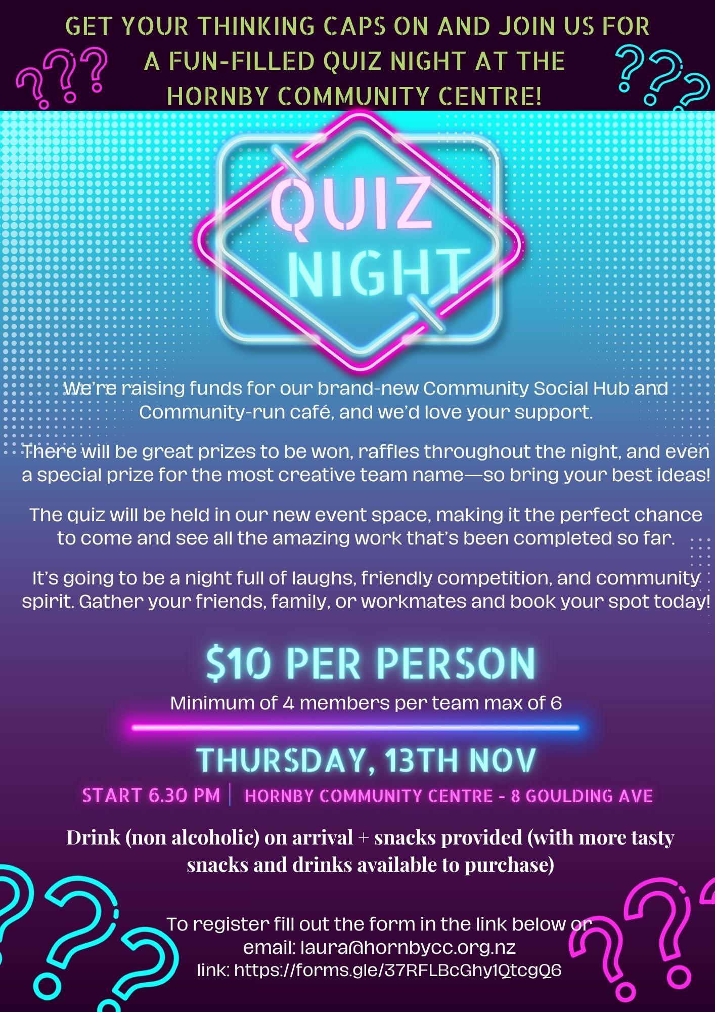 Hornby Quiz Night Poster, 13 November, 6.30pm, 8 Goulding Avenue