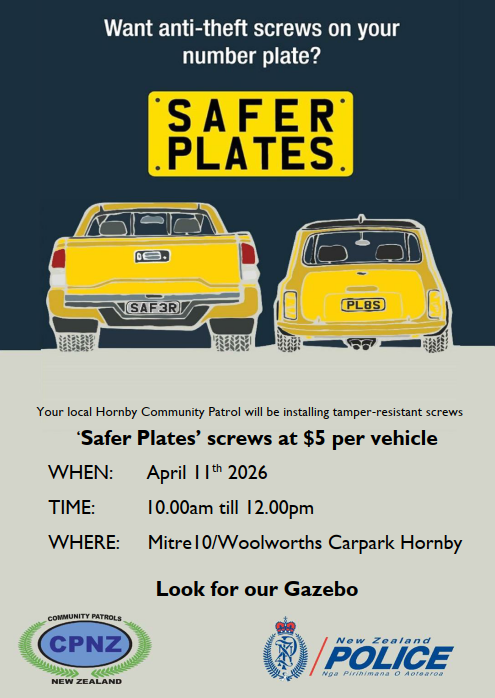 Safer Plates Hornby Poster - 11 April, 10am to 12pm, Mitre 10 Hornby carpark. $5 per vehicle.