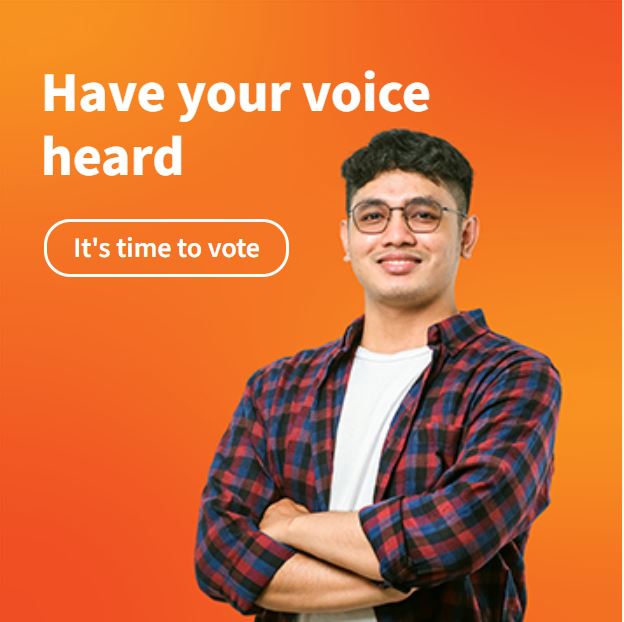 Text saying: Have your voice heard and a young person posing and smiling