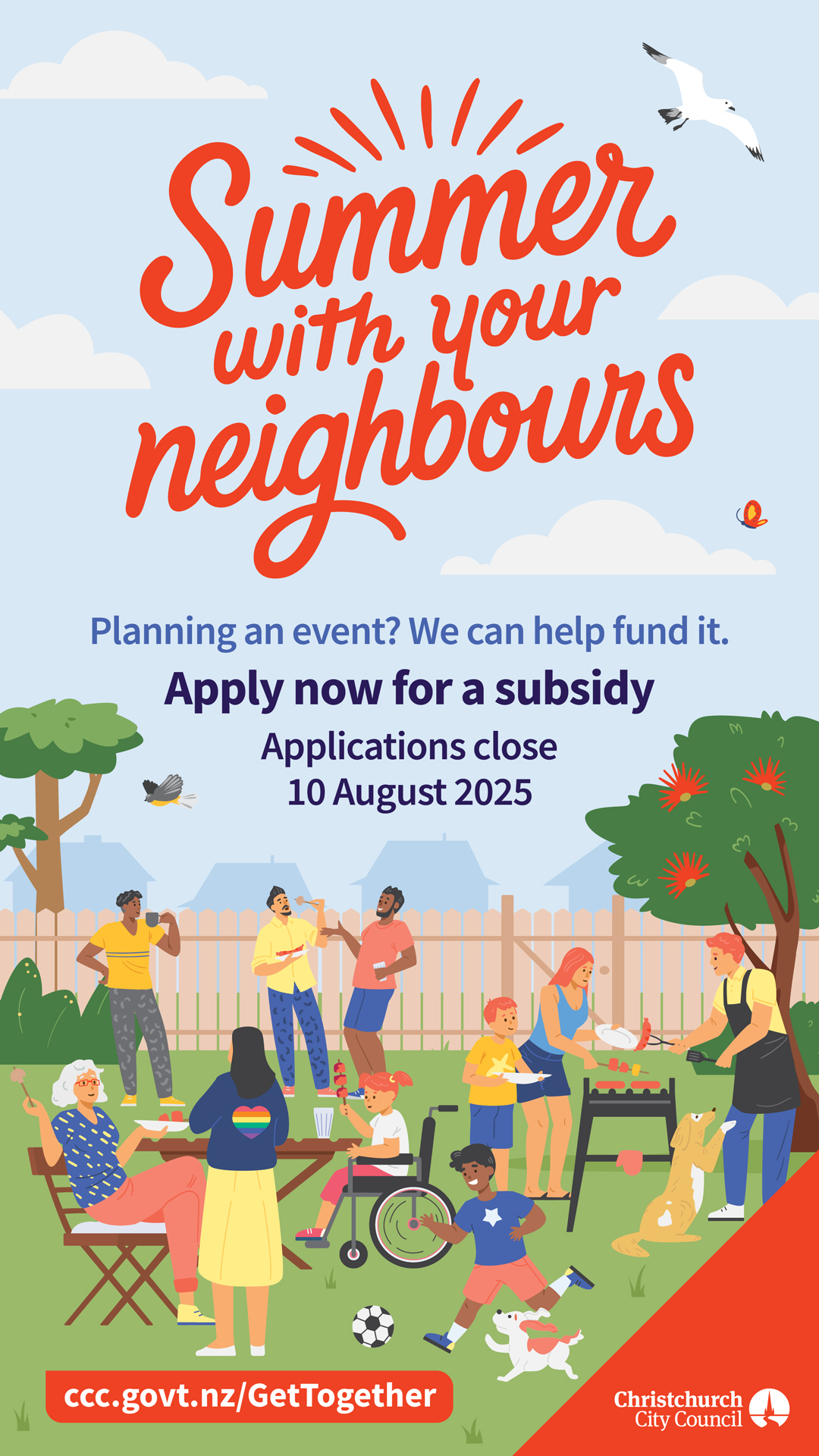 Summer with your neighbours graphic poster showing a diverse group of people enjoying a bbq in a backyard.