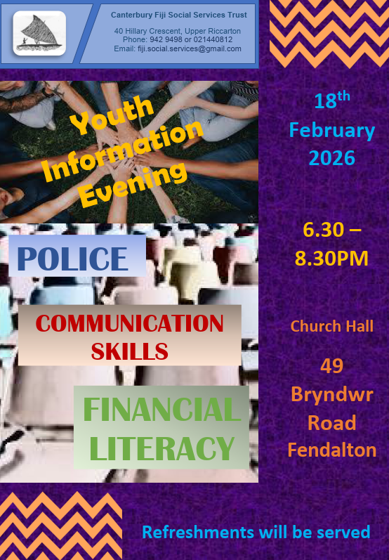CFSST Youth Event Evening Poster, 18 February, 49 Bryndwr Road. Learn communication skills, financial literacy adn hear from police. Contact: Phone 03 942 9492 