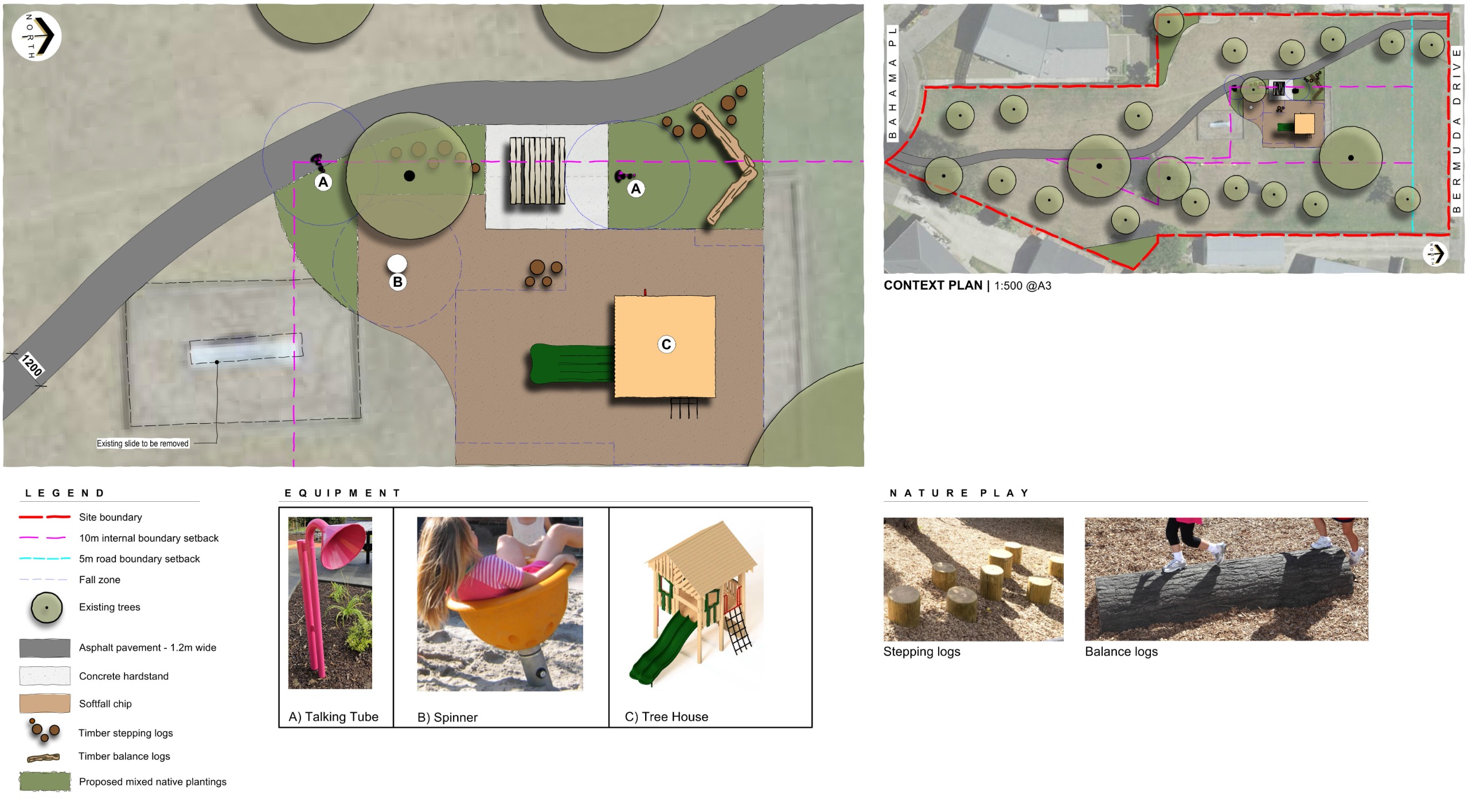 A picture of a play space renewal with various pieces of equipment