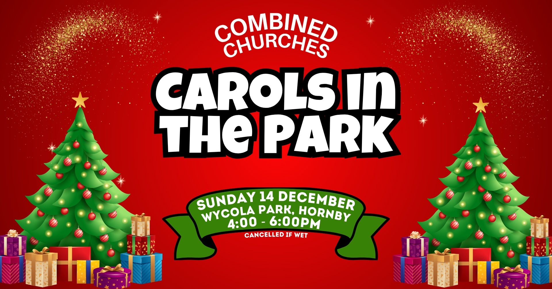Combined Churches Carols in the Park poster, Sunday 14 December, 4pm to 6pm, Wycola Park, Hornby