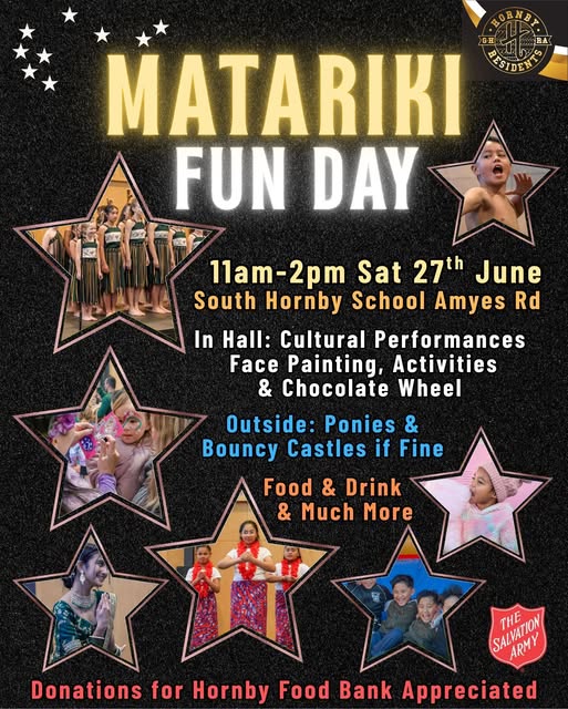 Matariki Fun Day Poster, Saturday 27 June, 11am to 2pm, South Hornby School