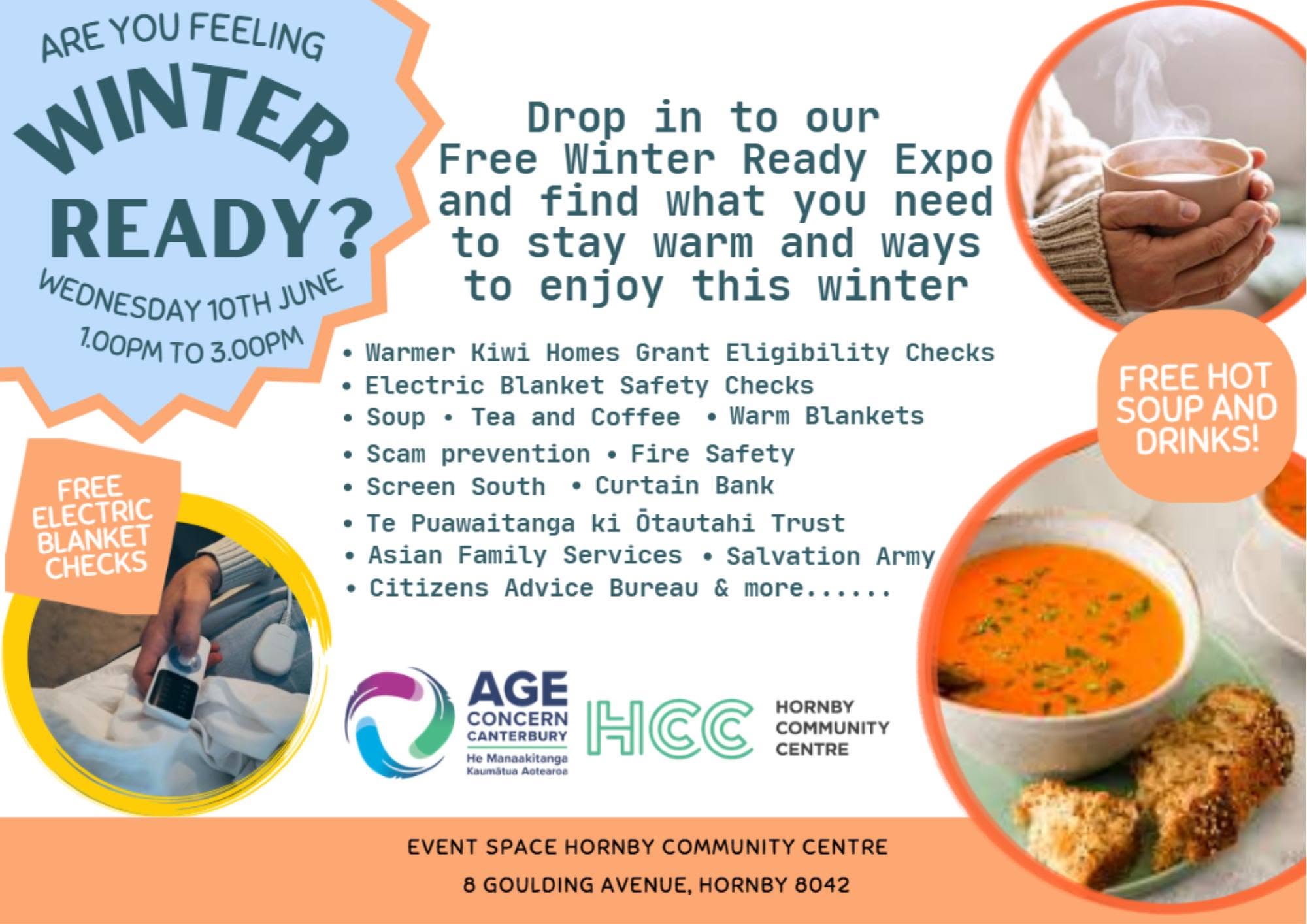 Winter Warmer Mini Expo Poster, Wednesday 10 June, 1pm to 3pm, Hornby Community Centre Event Space, 8 Goulding Avenue