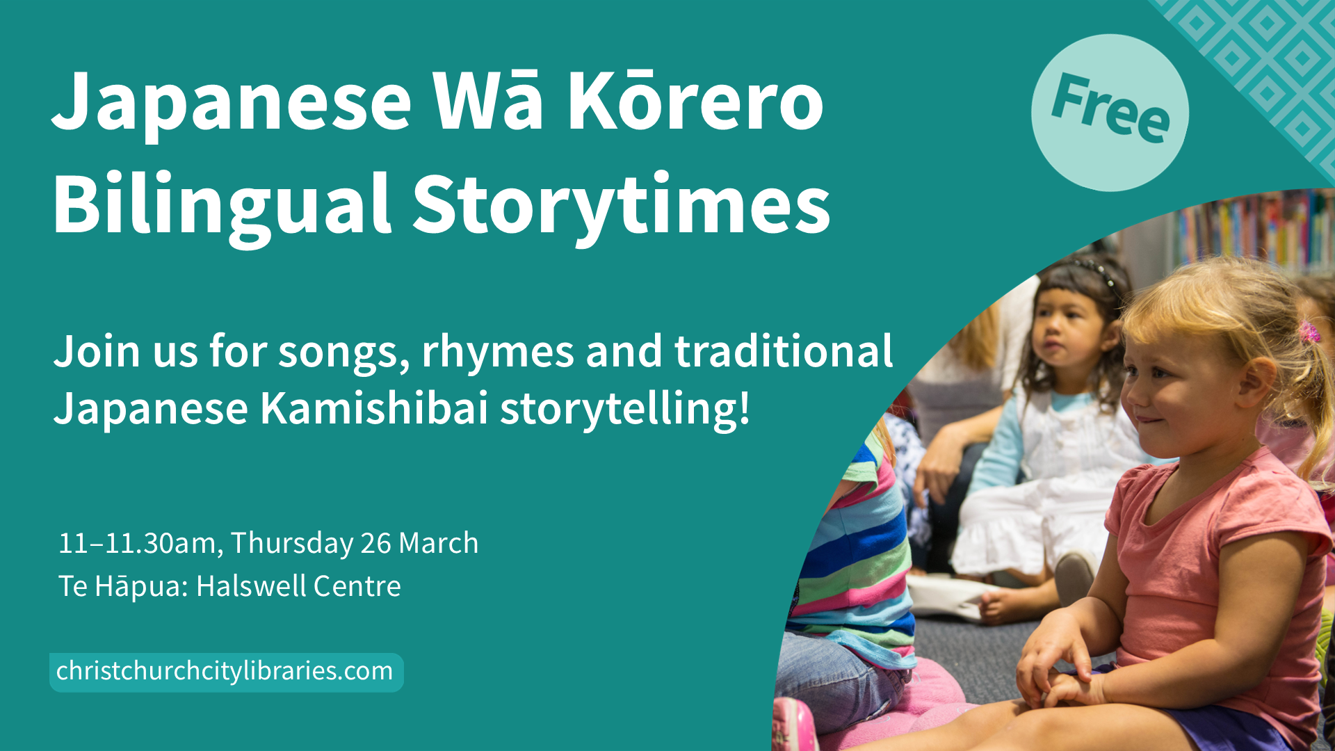 Japanese bilingual Storytimes Poster with an image of children sitting - 11am, 26 March, Te Hapua Halswell Centre