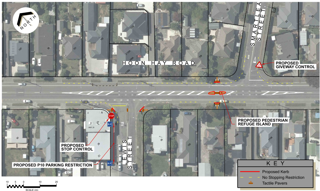 Plans for Hoon Hay pedestrian crossing option 2 shown on an aerial image