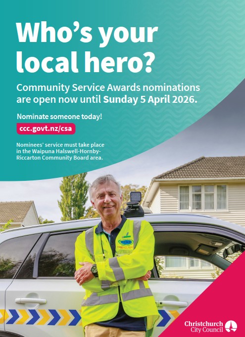 Community Service Award 2026 Poster, noting nominations are open until 5 April. For more information visit www.ccc.govt.nz/csa