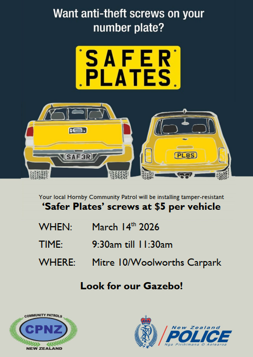 Safer Plates with Hornby Community Patrol, 9.30am to 11.30am, Mitre 10/Woolworths Carpark Hornby, $5 screws per vehicle, 