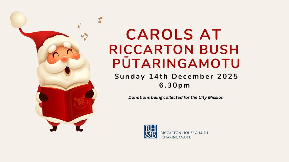 Carols at Riccarton Bush Pūtaringamotu poster, 14 December, 6pm to 7.30pm, 16 Kahu Road. 
