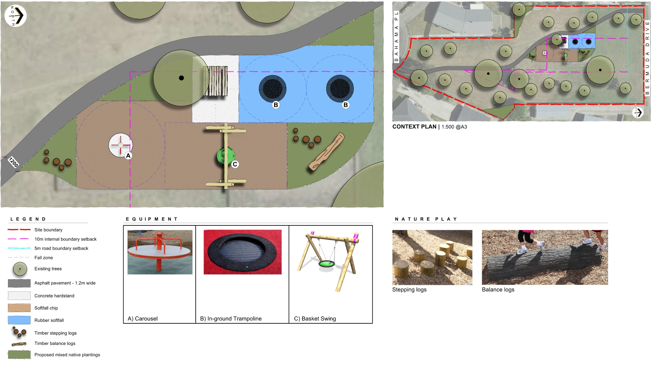 A picture of a play space renewal with various pieces of equipment