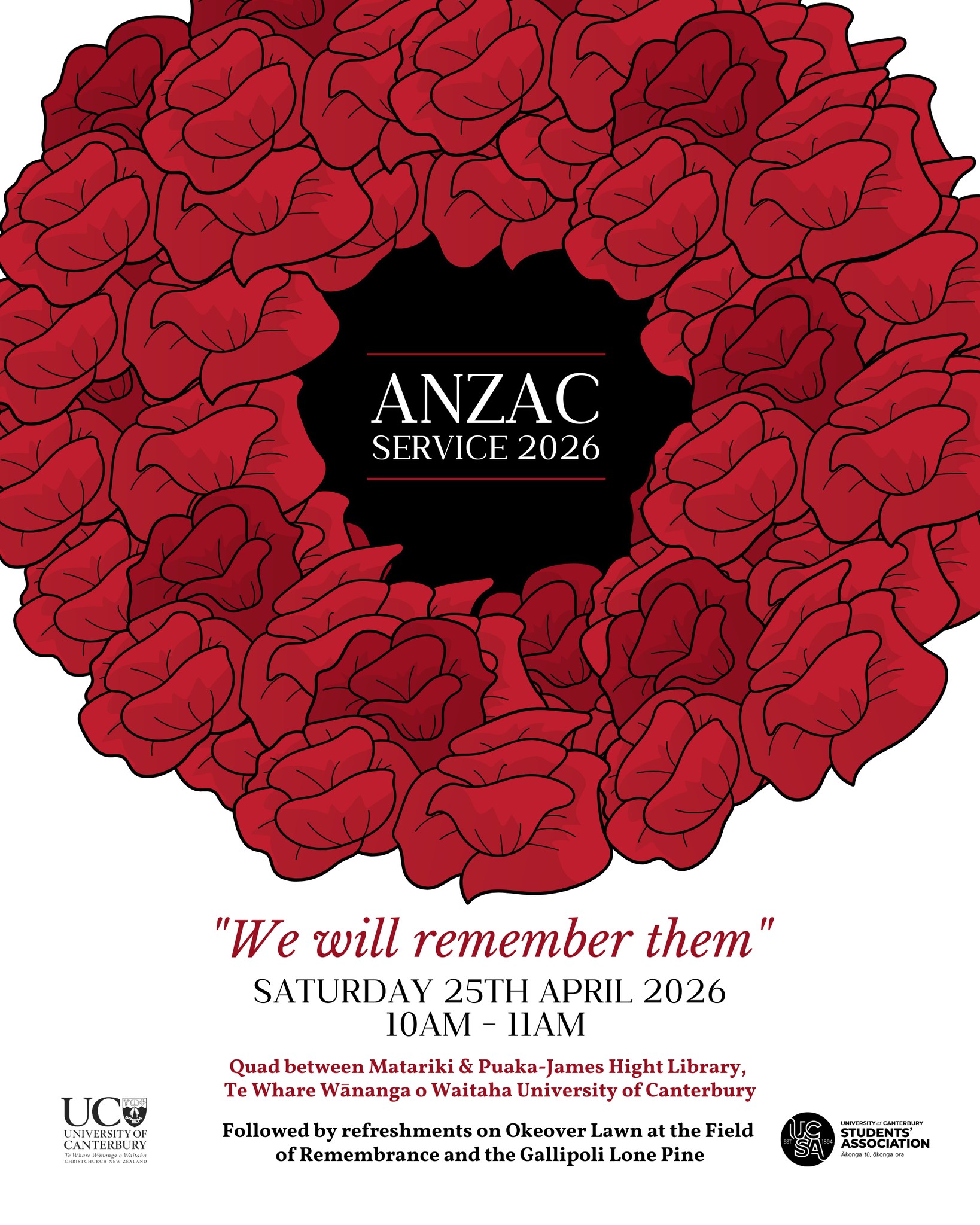 Riccarton Anzac Day Service Poster, with a large poppy graphic - 25 April, 10am Matariki Quad, University of Canterbury