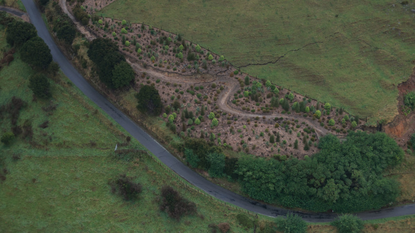 Aerial view of land damage above Lighthouse Road, Akaroa