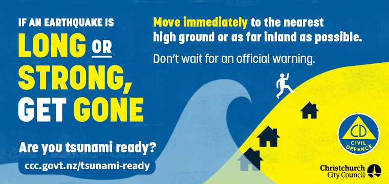 Image that states If an earthquake is long and strong, get gone. Move immediately to the nearest high ground or as far inland as possible. Don't wait for an official warning.
