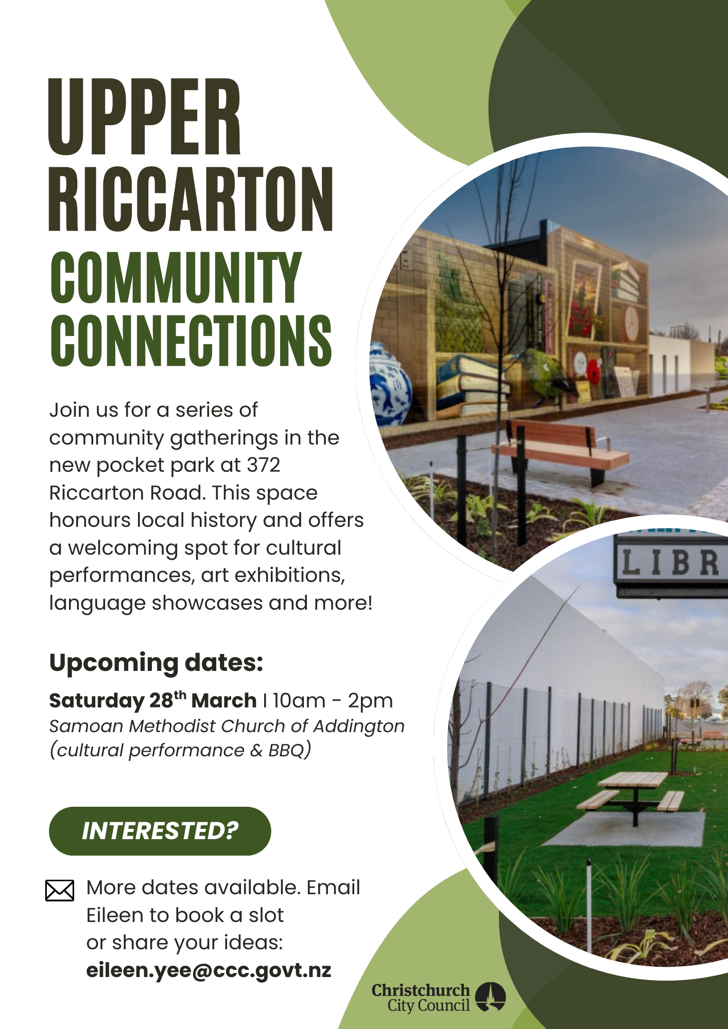 Community Connections Series Poster - Samoan Methodist Church of Addington Cultural Performance and BBQ, Upper Riccarton Memorial Park, 372 Riccarton Road, 28 March, 10am to 2pm
